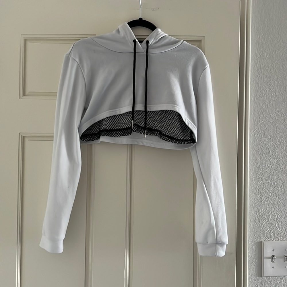 Cropped white hoodie with mesh detail